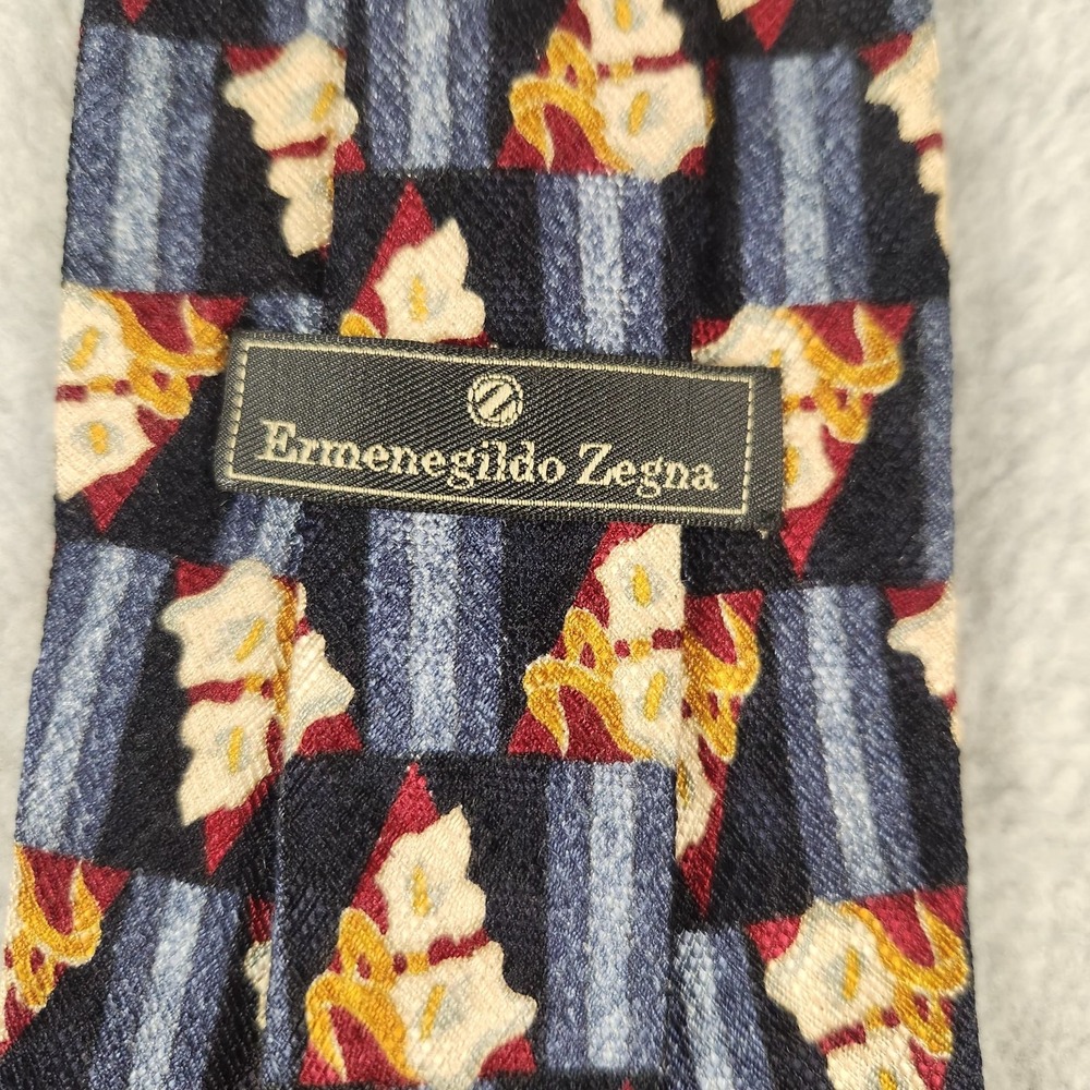 Ermenegildo Zegna Silk Tie Made in Italy Blue Red Gold Floral Stripe...